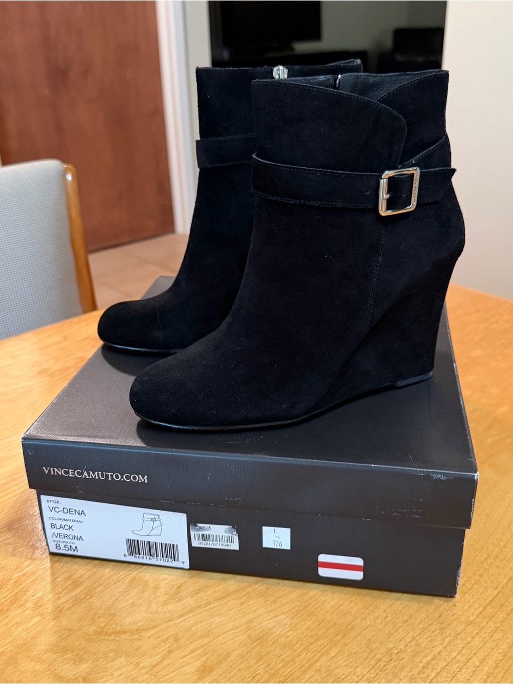 Vince Camuto Black Suede Wedge Ankle Boots with Buckle